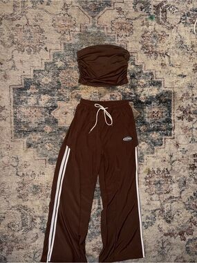 Brown Women's Jogger Pants with White Side Stripes